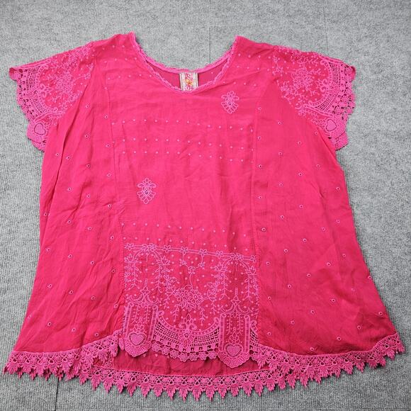 Johnny Was Blouse Womens 2X Pink Embroidered Eyelet Boho Tunic Colorful Coastal - Picture 2 of 8